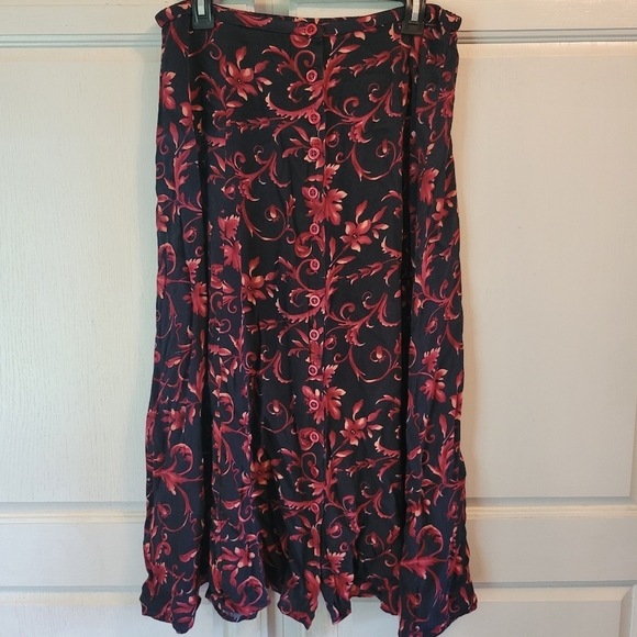 Melrose Collectibles Button Down Front Red Black Floral Pattern Midi Maxi Skirt - Picture 1 of 6